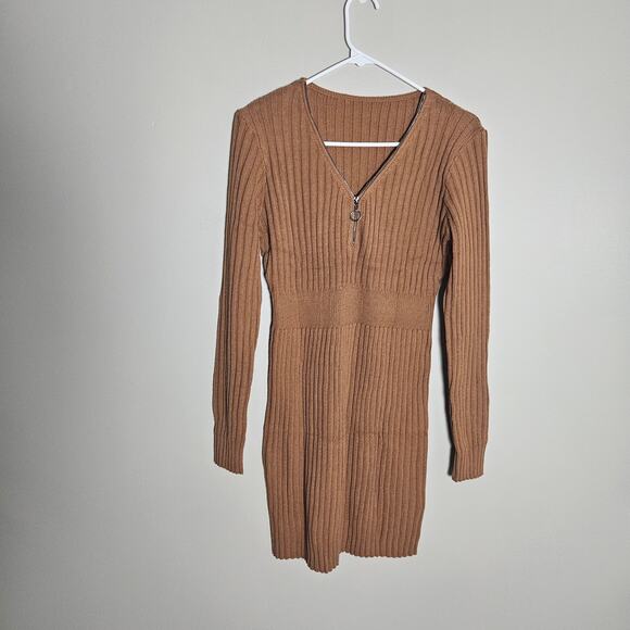 NWOT Light Brown Zipper Front Ribbed Mini Sweater Dress Sz Large - Picture 2 of 11